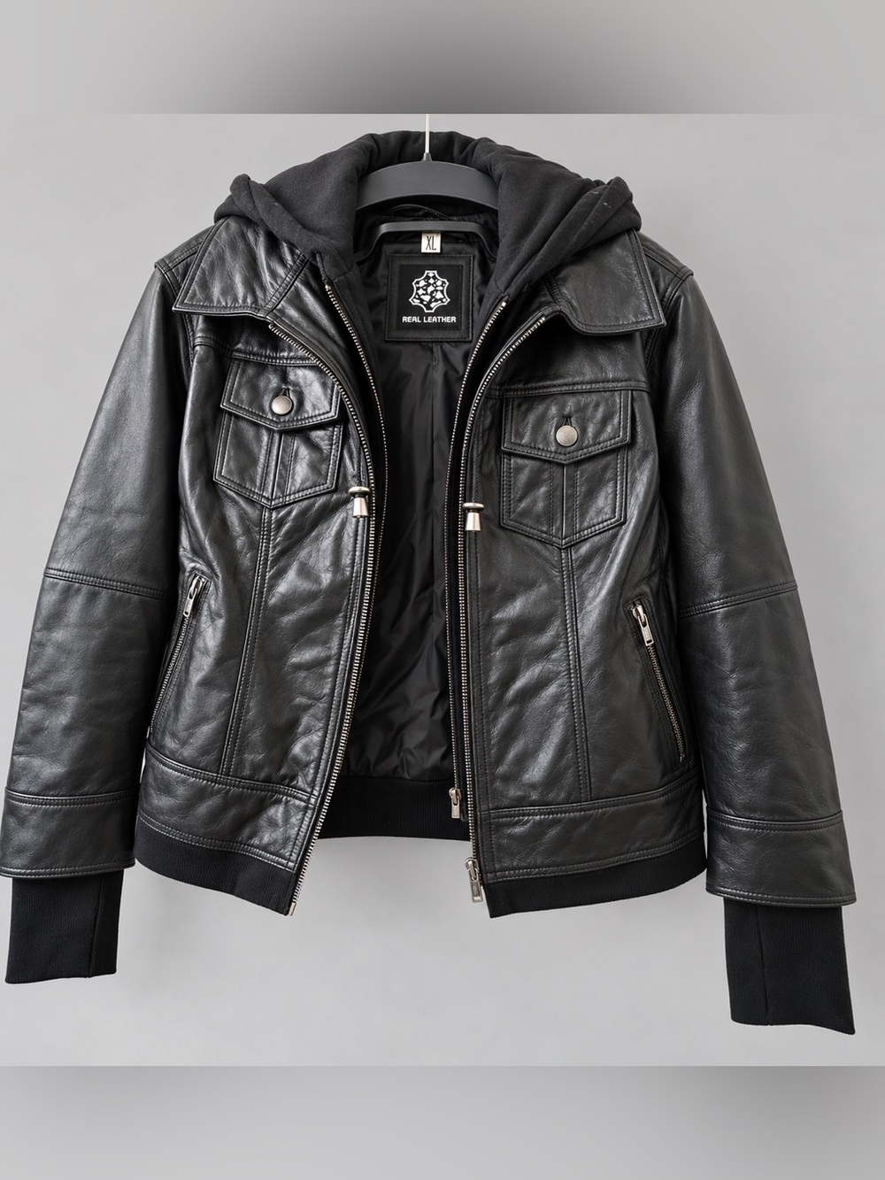 Black Genuine Leather Hooded Moto Bomber Jacket XL